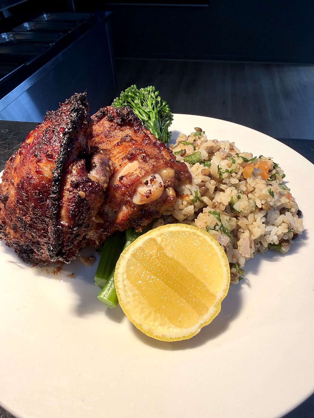Bistro main with a lemon wedge